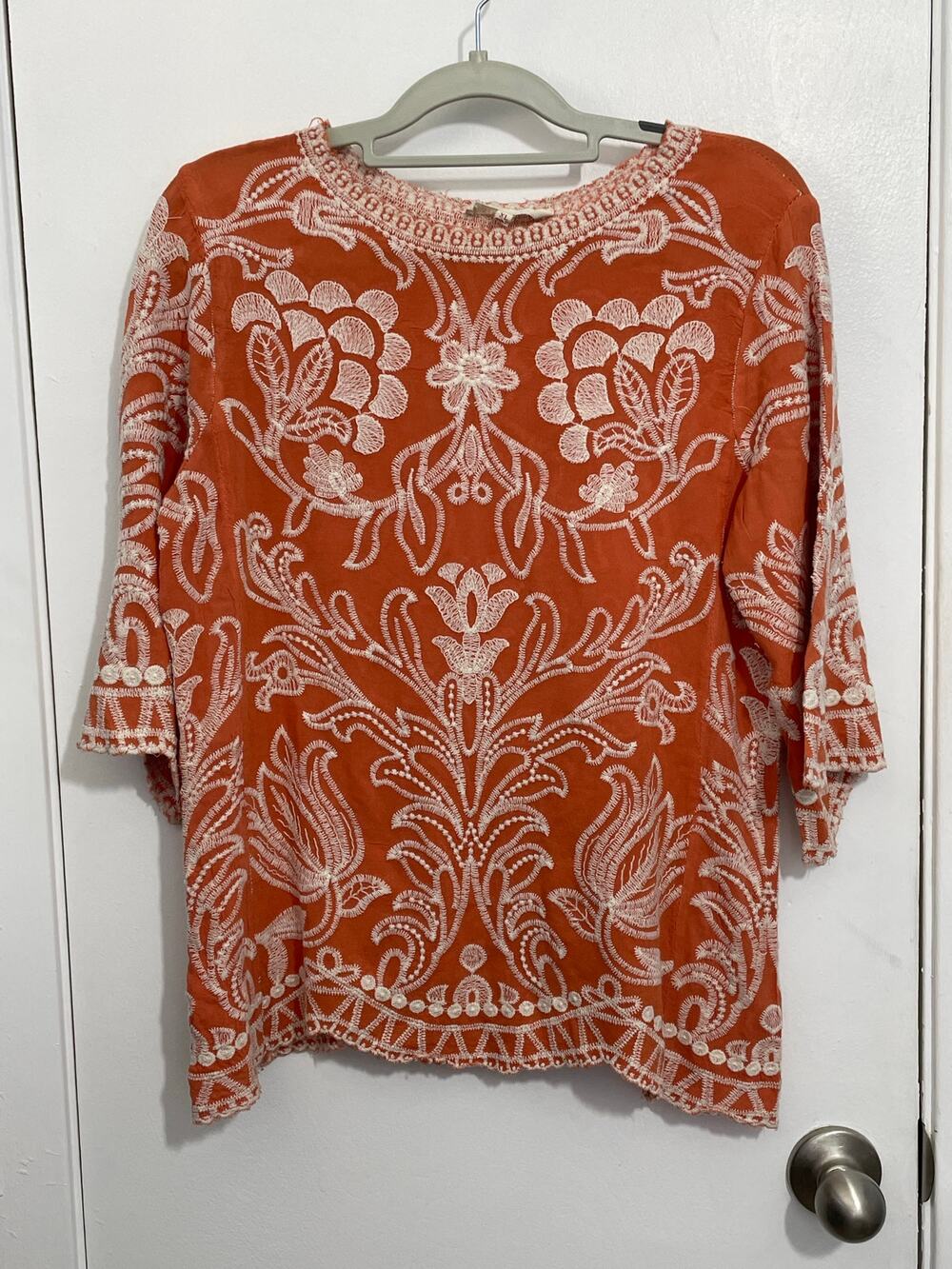 Solitaire Blouse XL Orange Floral Embroidered 3/4 Sleeve Cottage Core Boho